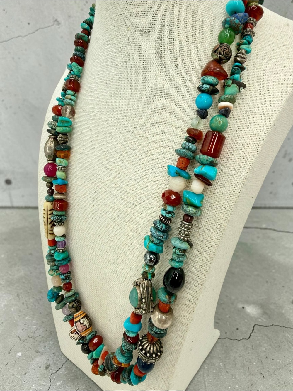 Navajo Sterling Turquoise Coral Multi Gemstone 20” Necklace 106 grams